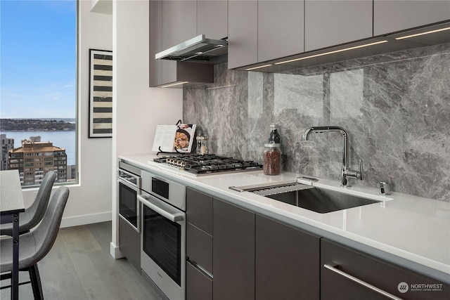 kitchen with wall chimney exhaust hood, sink, gray cabinetry, a water view, and appliances with stainless steel finishes