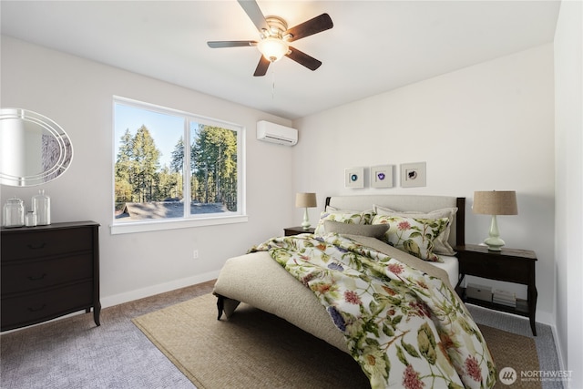 bedroom with carpet, baseboards, a ceiling fan, and a wall mounted AC