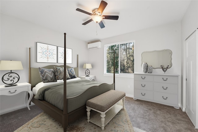 bedroom with baseboards, a ceiling fan, carpet flooring, and an AC wall unit