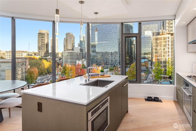 kitchen with appliances with stainless steel finishes, sink, hanging light fixtures, a kitchen island with sink, and light hardwood / wood-style floors