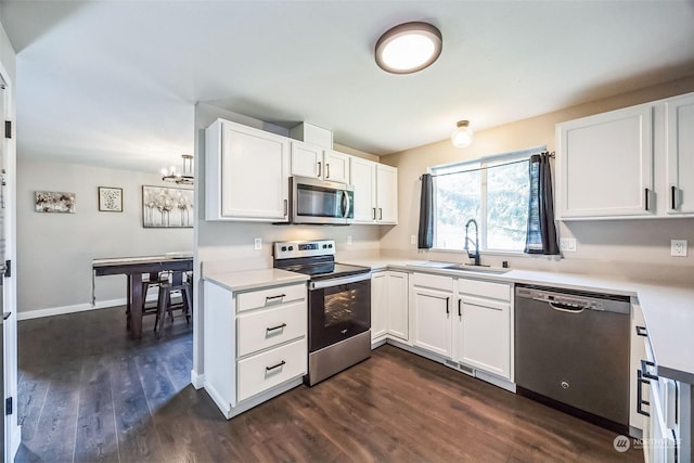 kitchen with stainless steel appliances, dark hardwood / wood-style flooring, sink, and white cabinets