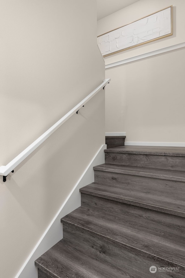 stairway with hardwood / wood-style floors