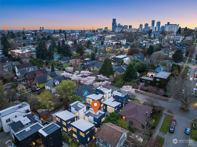 view of aerial view at dusk