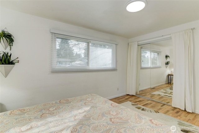 unfurnished bedroom featuring light hardwood / wood-style floors and a closet