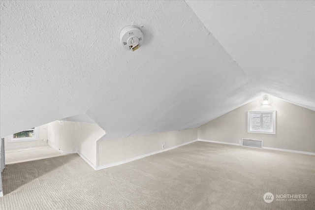 bonus room featuring vaulted ceiling, carpet floors, a wealth of natural light, and a textured ceiling