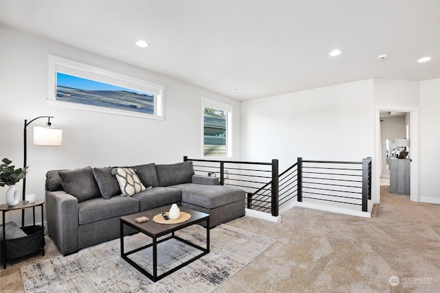 living room with light colored carpet