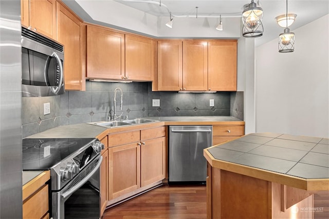 kitchen with dark hardwood / wood-style floors, sink, decorative backsplash, hanging light fixtures, and stainless steel appliances