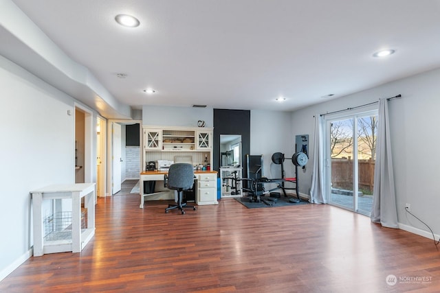 home office featuring dark wood-type flooring