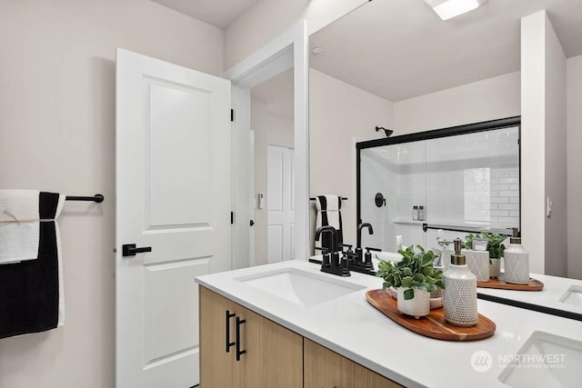 bathroom featuring vanity and a shower with door