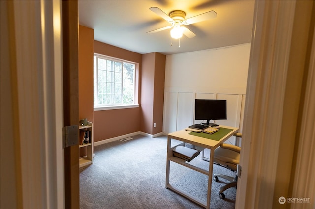 office area with carpet flooring and ceiling fan