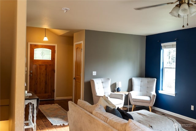 entryway featuring ceiling fan and hardwood / wood-style floors