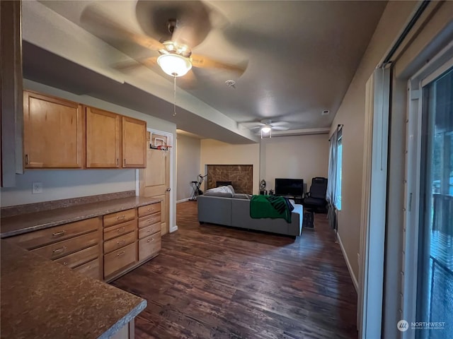 living room with dark hardwood / wood-style flooring, ceiling fan, and a fireplace