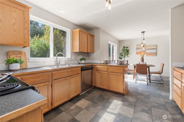 kitchen featuring sink, decorative light fixtures, electric range oven, stainless steel dishwasher, and kitchen peninsula