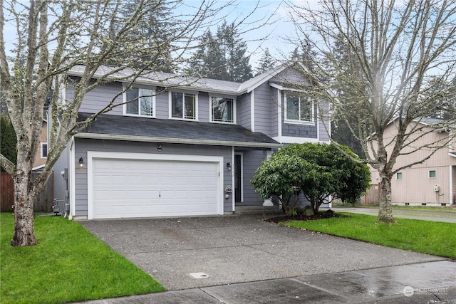 front facade with a garage and a front lawn