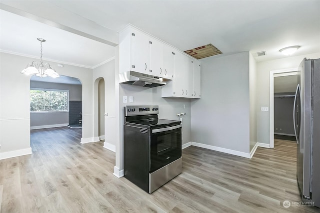 kitchen featuring white cabinetry, appliances with stainless steel finishes, light wood-type flooring, and pendant lighting