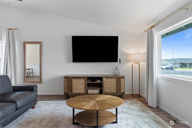 living room featuring hardwood / wood-style flooring and vaulted ceiling