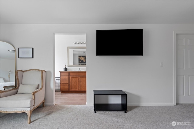 living area featuring sink and light carpet