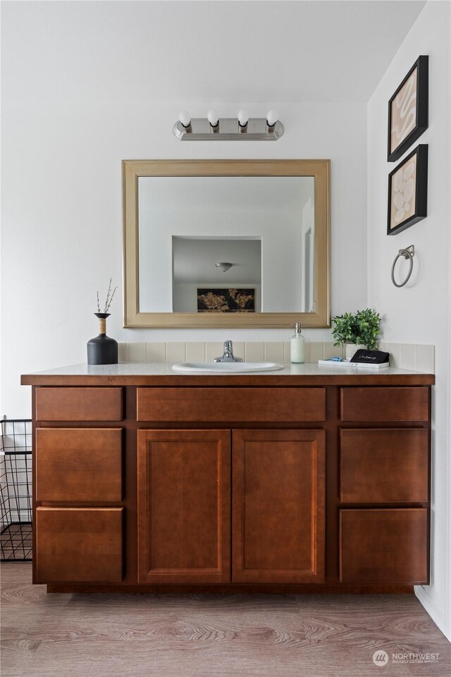 bathroom with vanity and wood-type flooring