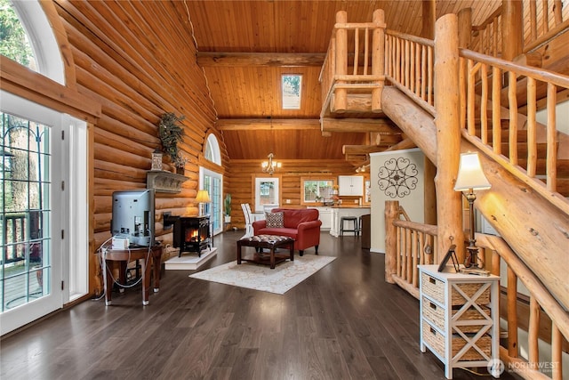 living area featuring wood ceiling, dark wood finished floors, high vaulted ceiling, and a wood stove