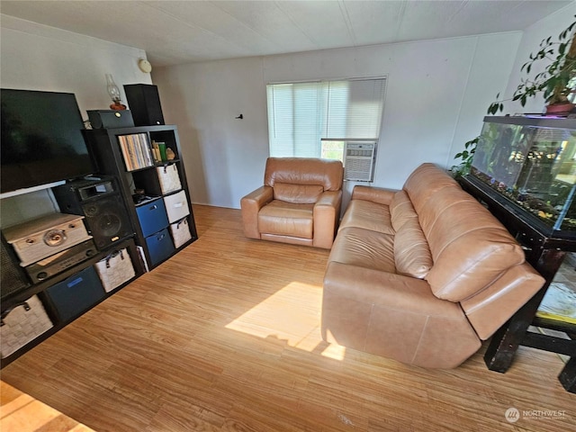 living room featuring cooling unit and light hardwood / wood-style floors