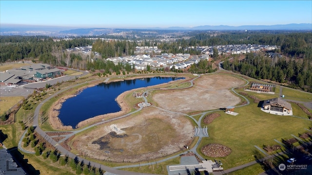 birds eye view of property with a water and mountain view