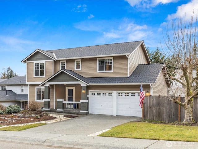 view of front of house with an attached garage, covered porch, fence, concrete driveway, and roof with shingles