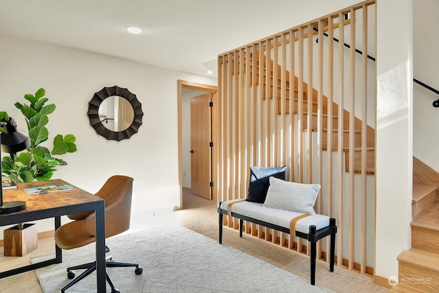 office featuring recessed lighting and light colored carpet