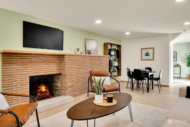 living room featuring light wood-type flooring, a fireplace, baseboards, and recessed lighting