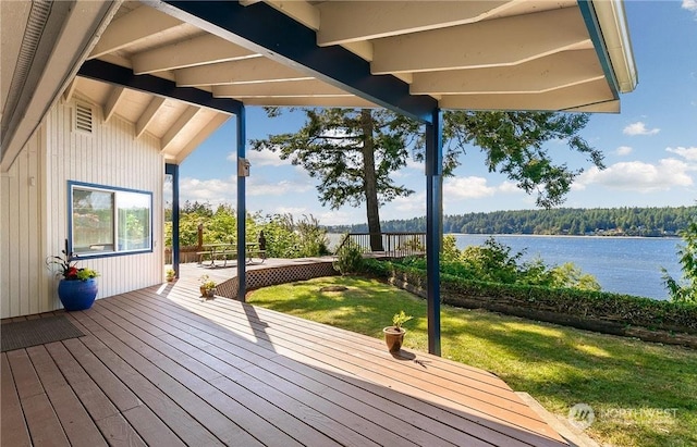 wooden deck with a water view and a yard