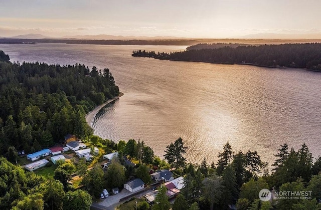 aerial view at dusk featuring a water view