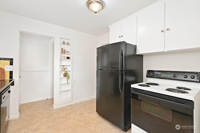 kitchen with black refrigerator, range with electric stovetop, white cabinetry, and dishwasher