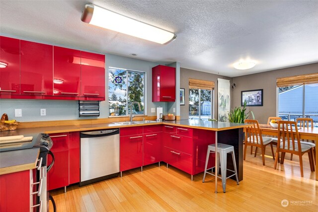 kitchen featuring appliances with stainless steel finishes, light hardwood / wood-style floors, sink, and a wealth of natural light