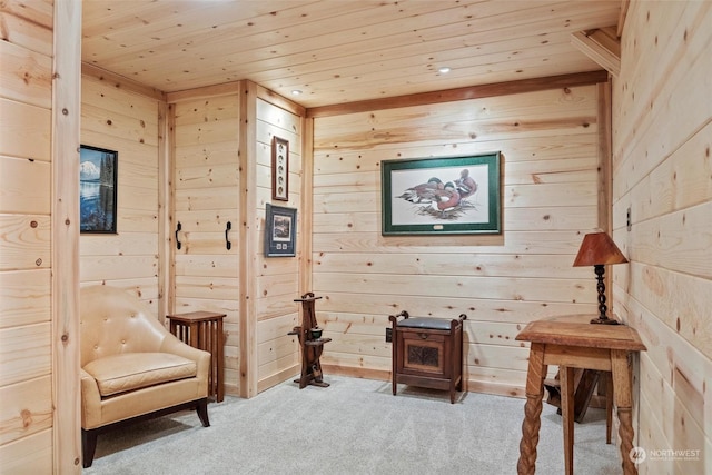 sitting room with wooden walls, carpet flooring, and wooden ceiling