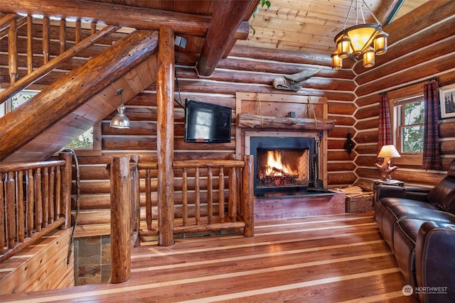 unfurnished living room featuring lofted ceiling with beams, wood-type flooring, rustic walls, a notable chandelier, and wooden ceiling