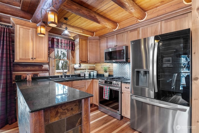 kitchen with sink, wood ceiling, hanging light fixtures, light wood-type flooring, and appliances with stainless steel finishes