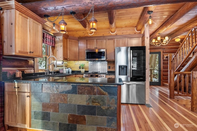 kitchen featuring hardwood / wood-style floors, sink, log walls, hanging light fixtures, and stainless steel appliances