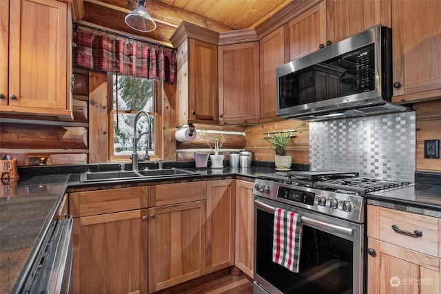 kitchen with sink, wooden ceiling, appliances with stainless steel finishes, dark stone counters, and backsplash