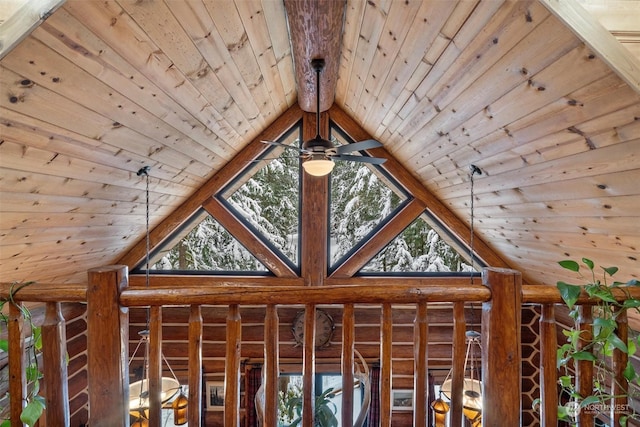 interior details featuring log walls, wooden ceiling, ceiling fan, and beamed ceiling