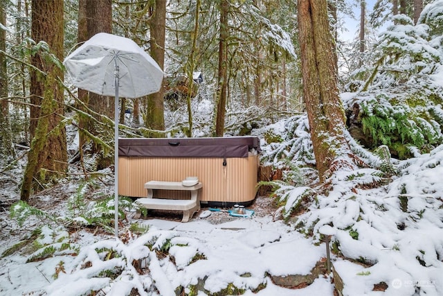 yard layered in snow with a hot tub