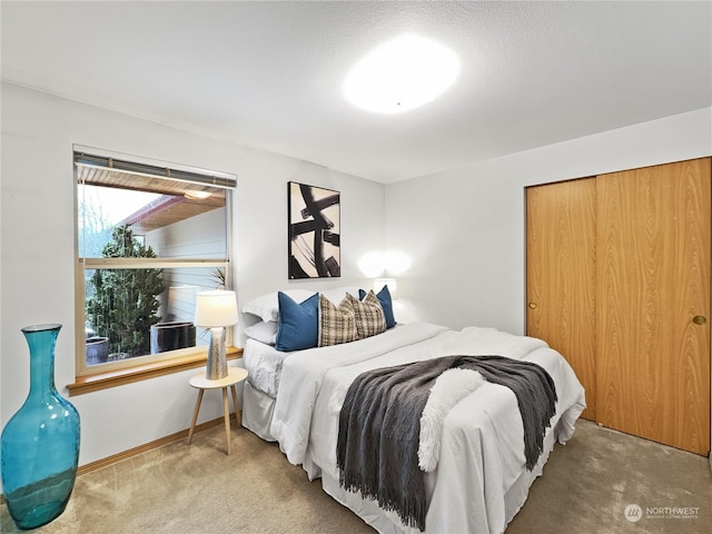 bedroom with carpet flooring and a closet