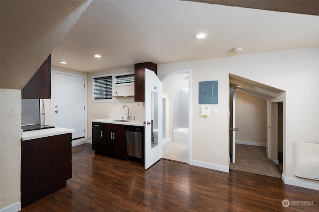 kitchen featuring black stovetop, dishwasher, sink, electric panel, and dark wood-type flooring