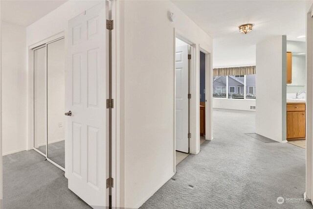 hall featuring sink and light colored carpet