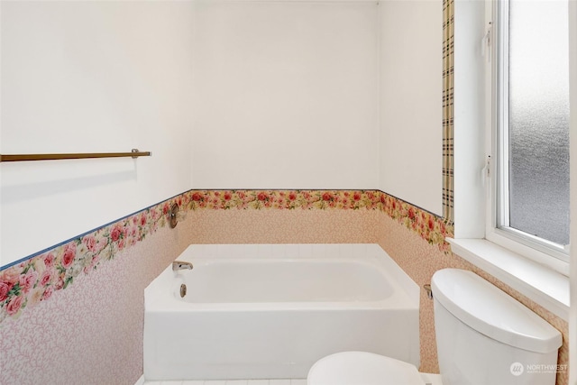 bathroom with a washtub and toilet