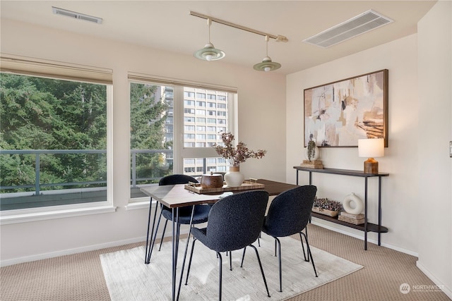 carpeted dining room featuring rail lighting