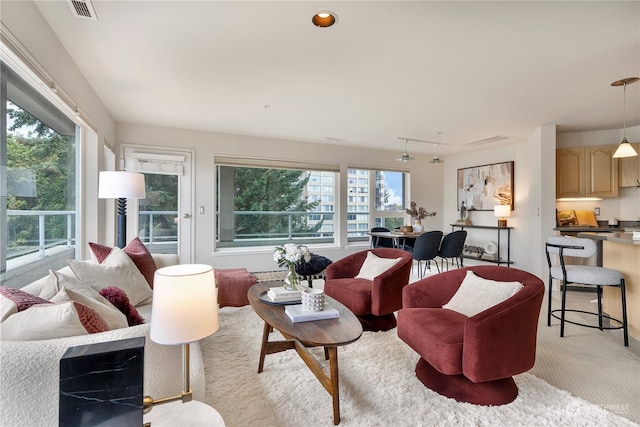 living room featuring light colored carpet