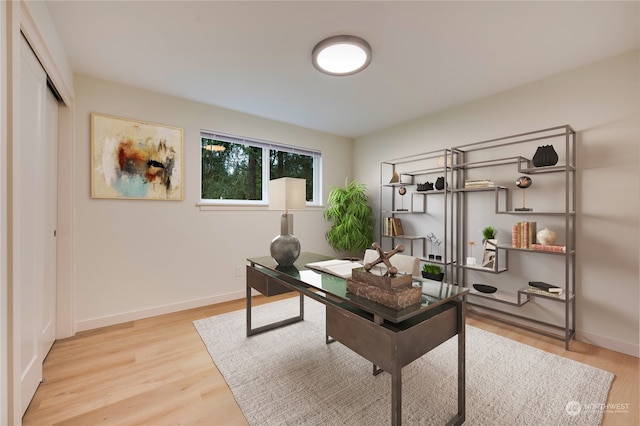 home office with light hardwood / wood-style floors