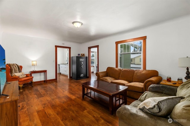 living room featuring dark wood-type flooring