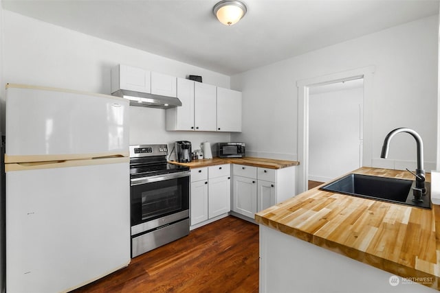 kitchen featuring sink, wooden counters, dark hardwood / wood-style flooring, stainless steel appliances, and white cabinets