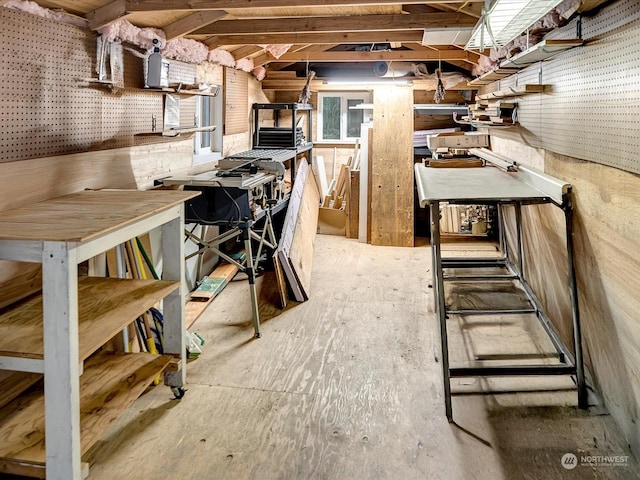 basement with a workshop area