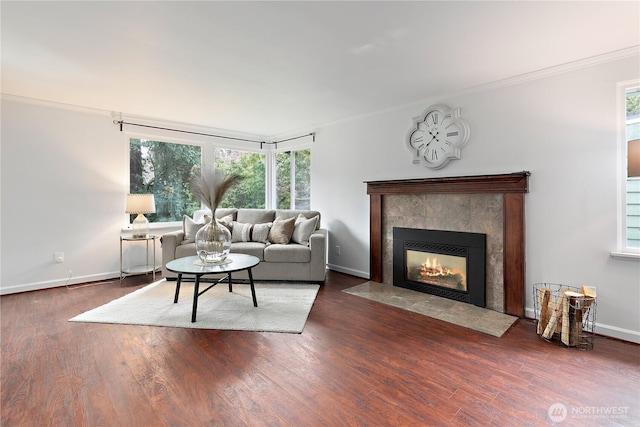 living room with dark hardwood / wood-style flooring, ornamental molding, and a fireplace